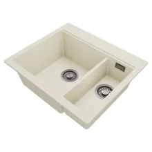 HD Aspen White 58 kétmedencés gránit mosogatótálca, vágódeszkával, vágódeszkával, tört fehér színben
