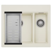 HD Aspen White 58 kétmedencés gránit mosogatótálca szett, acél csepegtetőkosárral, tört fehér színben