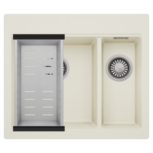 HD Aspen White 58 kétmedencés gránit mosogatótálca szett, acél csepegtetőkosárral, tört fehér színben