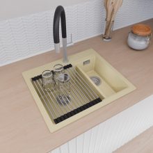 HD Aspen Beige 58 kétmedencés gránit mosogatótálca szett, acél csepegtetőráccsal és kosárral, soft bézs színben, szálcsiszolt króm leeresztő szifonnal