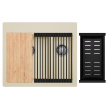 HD Aspen Beige 58 kétmedencés gránit mosogatótálca szett, vágódeszkával, matt fekete csepegtetőráccsal és kosárral, soft bézs színben, szálcsiszolt króm leeresztő szifonnal