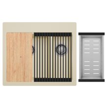 HD Aspen Beige 58 kétmedencés gránit mosogatótálca szett, vágódeszkával, matt fekete csepegtetőráccsal és krómozott kosárral, soft bézs színben, szálcsiszolt króm leeresztő szifonnal