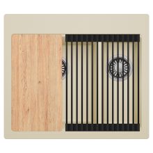 HD Aspen Beige 58 kétmedencés gránit mosogatótálca szett, vágódeszkával, matt fekete csepegtetőráccsal, soft bézs színben, szálcsiszolt króm leeresztő szifonnal