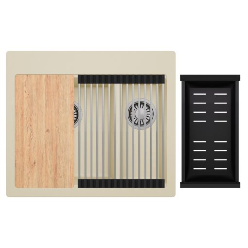 HD Aspen Beige 58 kétmedencés gránit mosogatótálca szett, vágódeszkával, acél csepegtetőráccsal és matt fekete kosárral, soft bézs színben, szálcsiszolt króm leeresztő szifonnal