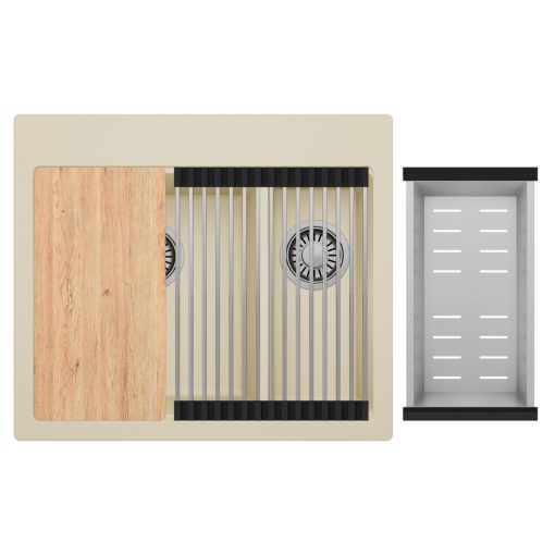 HD Aspen Beige 58 kétmedencés gránit mosogatótálca szett, vágódeszkával, acél csepegtetőráccsal és kosárral, soft bézs színben, szálcsiszolt króm leeresztő szifonnal