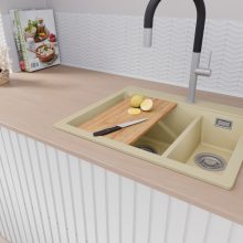 HD Aspen Beige 58 kétmedencés gránit mosogatótálca szett, vágódeszkával, acél csepegtetőráccsal, soft bézs színben, szálcsiszolt króm leeresztő szifonnal