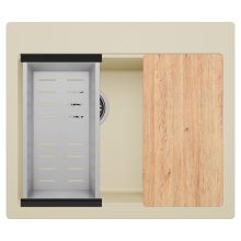 HD Aspen Beige 58 kétmedencés gránit mosogatótálca szett, vágódeszkával, acél csepegtetőkosárral, soft bézs színben, szálcsiszolt króm leeresztő szifonnal