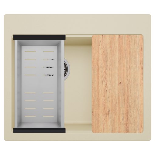 HD Aspen Beige 58 kétmedencés gránit mosogatótálca szett, vágódeszkával, acél csepegtetőkosárral, soft bézs színben, szálcsiszolt króm leeresztő szifonnal