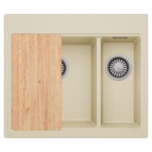 HD Aspen Beige 58 kétmedencés gránit mosogatótálca, vágódeszkával, soft bézs színben, szálcsiszolt króm leeresztő szifonnal