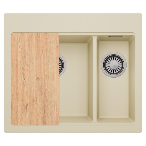 HD Aspen Beige 58 kétmedencés gránit mosogatótálca, vágódeszkával, soft bézs színben, szálcsiszolt króm leeresztő szifonnal
