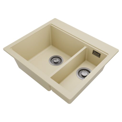 HD Aspen Beige 58 kétmedencés gránit mosogatótálca, vágódeszkával, soft bézs színben, szálcsiszolt króm leeresztő szifonnal