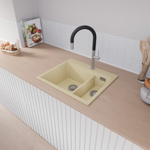 HD Aspen Beige 58 kétmedencés gránit mosogatótálca, vágódeszkával, soft bézs színben, szálcsiszolt króm leeresztő szifonnal