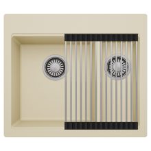 HD Aspen Beige 58 kétmedencés gránit mosogatótálca szett, acél csepegtetőráccsal, soft bézs színben, szálcsiszolt króm leeresztő szifonnal