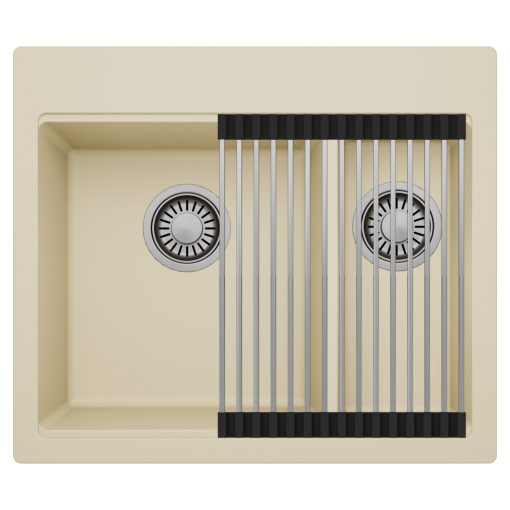 HD Aspen Beige 58 kétmedencés gránit mosogatótálca szett, acél csepegtetőráccsal, soft bézs színben, szálcsiszolt króm leeresztő szifonnal