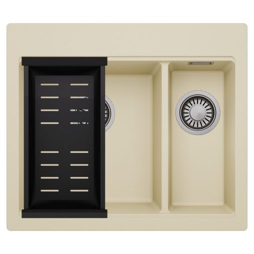 HD Aspen Beige 58 kétmedencés gránit mosogatótálca szett, matt fekete csepegtetőkosárral, soft bézs színben, szálcsiszolt króm leeresztő szifonnal