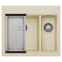 HD Aspen Beige 58 kétmedencés gránit mosogatótálca szett, acél csepegtetőkosárral, soft bézs színben, szálcsiszolt króm leeresztő szifonnal