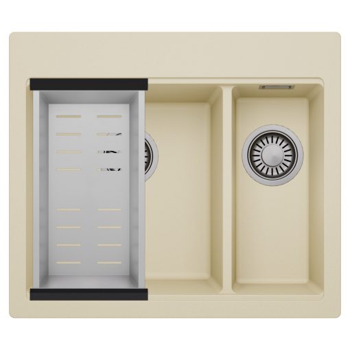 HD Aspen Beige 58 kétmedencés gránit mosogatótálca szett, acél csepegtetőkosárral, soft bézs színben, szálcsiszolt króm leeresztő szifonnal
