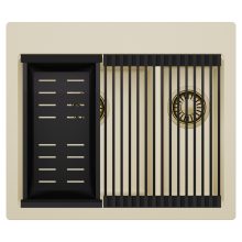 HD Aspen Beige 58 kétmedencés gránit mosogatótálca szett, matt fekete csepegtetőráccsal és kosárral, soft bézs színben, szálcsiszolt arany leeresztő szifonnal