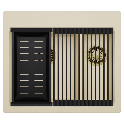 HD Aspen Beige 58 kétmedencés gránit mosogatótálca szett, matt fekete csepegtetőráccsal és kosárral, soft bézs színben, szálcsiszolt arany leeresztő szifonnal