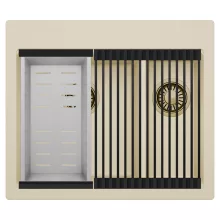 HD Aspen Beige 58 kétmedencés gránit mosogatótálca szett, matt fekete csepegtetőráccsal és krómozott kosárral, soft bézs színben, szálcsiszolt arany leeresztő szifonnal