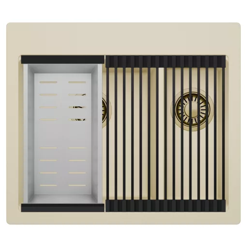 HD Aspen Beige 58 kétmedencés gránit mosogatótálca szett, matt fekete csepegtetőráccsal és krómozott kosárral, soft bézs színben, szálcsiszolt arany leeresztő szifonnal