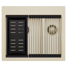 HD Aspen Beige 58 kétmedencés gránit mosogatótálca szett, acél csepegtetőráccsal és matt fekete kosárral, soft bézs színben, szálcsiszolt arany leeresztő szifonnal