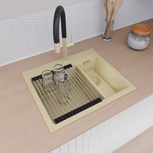 HD Aspen Beige 58 kétmedencés gránit mosogatótálca szett, acél csepegtetőráccsal és matt fekete kosárral, soft bézs színben, szálcsiszolt arany leeresztő szifonnal