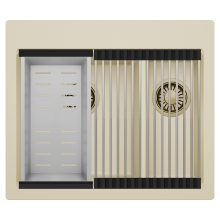 HD Aspen Beige 58 kétmedencés gránit mosogatótálca szett, acél csepegtetőráccsal és kosárral, soft bézs színben, szálcsiszolt arany leeresztő szifonnal