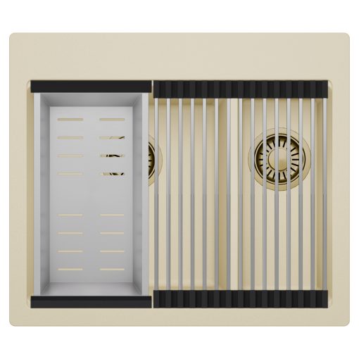 HD Aspen Beige 58 kétmedencés gránit mosogatótálca szett, acél csepegtetőráccsal és kosárral, soft bézs színben, szálcsiszolt arany leeresztő szifonnal