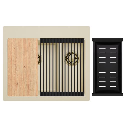 HD Aspen Beige 58 kétmedencés gránit mosogatótálca szett, vágódeszkával, matt fekete csepegtetőráccsal és kosárral, soft bézs színben, szálcsiszolt arany leeresztő szifonnal