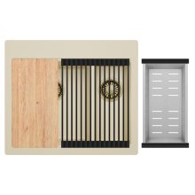 HD Aspen Beige 58 kétmedencés gránit mosogatótálca szett, vágódeszkával, matt fekete csepegtetőráccsal és krómozott kosárral, soft bézs színben, szálcsiszolt arany leeresztő szifonnal