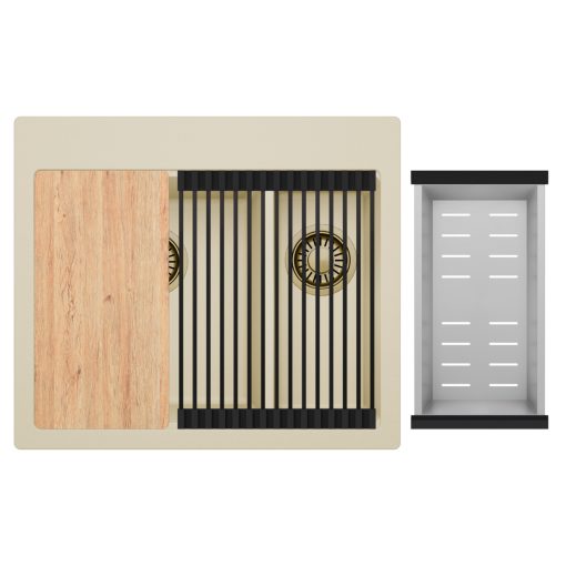 HD Aspen Beige 58 kétmedencés gránit mosogatótálca szett, vágódeszkával, matt fekete csepegtetőráccsal és krómozott kosárral, soft bézs színben, szálcsiszolt arany leeresztő szifonnal