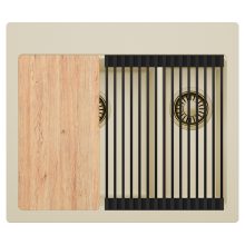 HD Aspen Beige 58 kétmedencés gránit mosogatótálca szett, vágódeszkával, matt fekete csepegtetőráccsal, soft bézs színben, szálcsiszolt arany leeresztő szifonnal