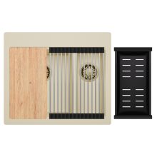 HD Aspen Beige 58 kétmedencés gránit mosogatótálca szett, vágódeszkával, acél csepegtetőráccsal és matt fekete kosárral, soft bézs színben, szálcsiszolt arany leeresztő szifonnal