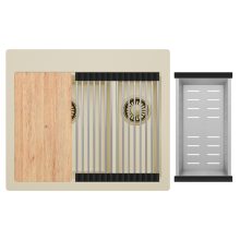 HD Aspen Beige 58 kétmedencés gránit mosogatótálca szett, vágódeszkával, acél csepegtetőráccsal és kosárral, soft bézs színben, szálcsiszolt arany leeresztő szifonnal