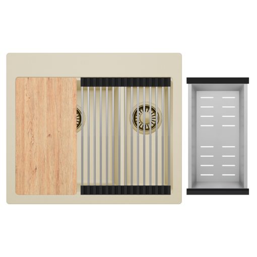 HD Aspen Beige 58 kétmedencés gránit mosogatótálca szett, vágódeszkával, acél csepegtetőráccsal és kosárral, soft bézs színben, szálcsiszolt arany leeresztő szifonnal