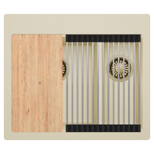 HD Aspen Beige 58 kétmedencés gránit mosogatótálca szett, vágódeszkával, acél csepegtetőráccsal, soft bézs színben, szálcsiszolt arany leeresztő szifonnal