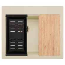 HD Aspen Beige 58 kétmedencés gránit mosogatótálca szett, vágódeszkával, matt fekete csepegtetőkosárral, soft bézs színben, szálcsiszolt arany leeresztő szifonnal