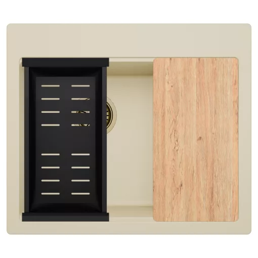 HD Aspen Beige 58 kétmedencés gránit mosogatótálca szett, vágódeszkával, matt fekete csepegtetőkosárral, soft bézs színben, szálcsiszolt arany leeresztő szifonnal