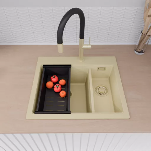 HD Aspen Beige 58 kétmedencés gránit mosogatótálca szett, vágódeszkával, matt fekete csepegtetőkosárral, soft bézs színben, szálcsiszolt arany leeresztő szifonnal