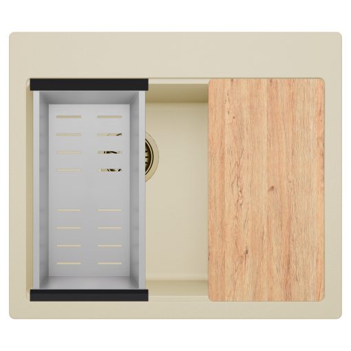 HD Aspen Beige 58 kétmedencés gránit mosogatótálca szett, vágódeszkával, acél csepegtetőkosárral, soft bézs színben, szálcsiszolt arany leeresztő szifonnal