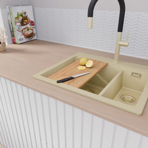 HD Aspen Beige 58 kétmedencés gránit mosogatótálca szett, vágódeszkával, acél csepegtetőkosárral, soft bézs színben, szálcsiszolt arany leeresztő szifonnal