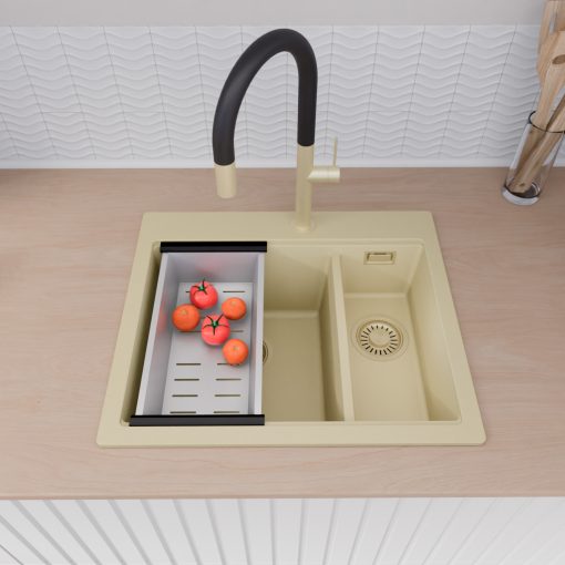 HD Aspen Beige 58 kétmedencés gránit mosogatótálca szett, vágódeszkával, acél csepegtetőkosárral, soft bézs színben, szálcsiszolt arany leeresztő szifonnal