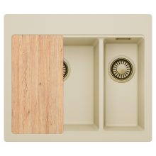 HD Aspen Beige 58 kétmedencés gránit mosogatótálca, vágódeszkával, soft bézs színben, szálcsiszolt arany leeresztő szifonnal