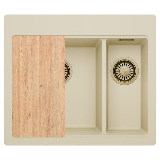 HD Aspen Beige 58 kétmedencés gránit mosogatótálca, vágódeszkával, soft bézs színben, szálcsiszolt arany leeresztő szifonnal