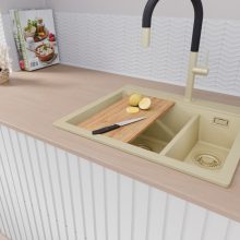 HD Aspen Beige 58 kétmedencés gránit mosogatótálca, vágódeszkával, soft bézs színben, szálcsiszolt arany leeresztő szifonnal