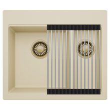 HD Aspen Beige 58 kétmedencés gránit mosogatótálca szett, acél csepegtetőráccsal, soft bézs színben, szálcsiszolt arany leeresztő szifonnal