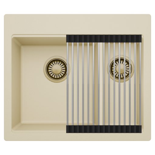 HD Aspen Beige 58 kétmedencés gránit mosogatótálca szett, acél csepegtetőráccsal, soft bézs színben, szálcsiszolt arany leeresztő szifonnal