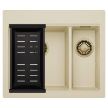 HD Aspen Beige 58 kétmedencés gránit mosogatótálca szett, matt fekete csepegtetőkosárral, soft bézs színben, szálcsiszolt arany leeresztő szifonnal