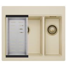 HD Aspen Beige 58 kétmedencés gránit mosogatótálca szett, acél csepegtetőkosárral, soft bézs színben, szálcsiszolt arany leeresztő szifonnal